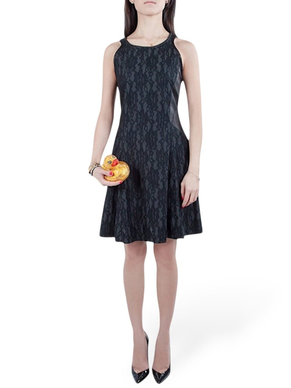 Sea NY Barneys Black Lace Distressed Leather Panel Fit & Flare Dress New NWOT 2